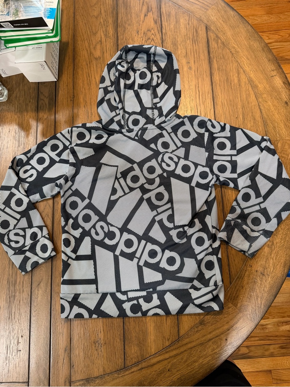 adidas Black & Gray Allover Logo Kids Hoodie - Picture 4 of 6